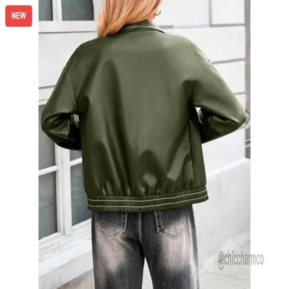 Faux Leather Bomber Jacket Oversized Fit Zip Up Women's Fall Winter Coat